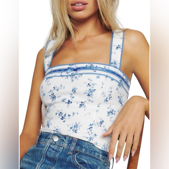 NWT Reformation Eloise Smocked Linen Top White Blue Floral Tank - Picture 2 of 9